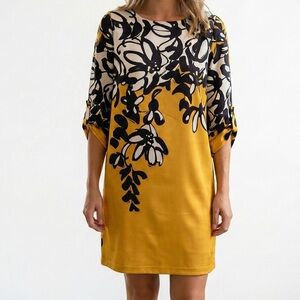 The Limited Yellow Floral Shift Dress Mod Retro 70s Style Lined Roll Tab Size S